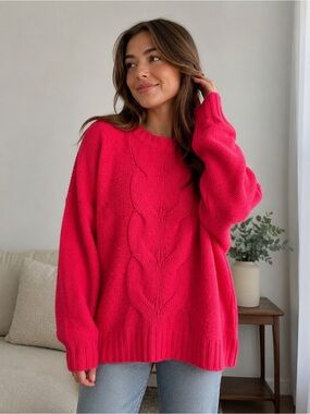 Aerie Sweater Pink Cable Knit Wool Blend  Oversized Sweater Size Medium